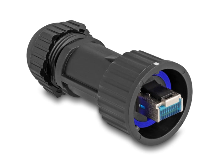 RJ45 Stecker feldkonfektionierbar Cat.6A mit Durchführungskupplung passend für Delock Artikel 67047 und 67048 IP68 staub- und wasserdicht schwarz