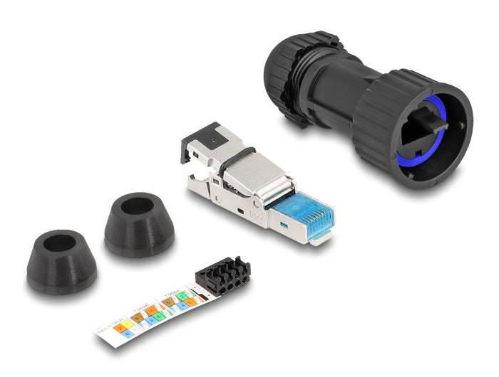 RJ45 Stecker feldkonfektionierbar Cat.6A mit Durchführungskupplung passend für Delock Artikel 67047 und 67048 IP68 staub- und wasserdicht schwarz