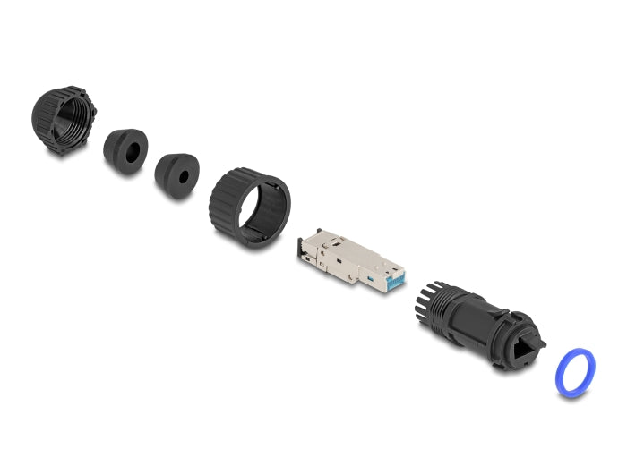RJ45 Stecker feldkonfektionierbar Cat.6A mit Durchführungskupplung passend für Delock Artikel 67047 und 67048 IP68 staub- und wasserdicht schwarz