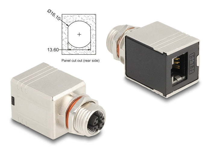 Delock M12 Adapter X-kodiert 8 Pin Buchse zu RJ45 Buchse Cat.6A STP geschirmt gerade