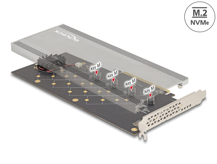 Delock PCI Express 4.0 x16 Karte zu 4 x intern NVMe M.2 Key M mit Kühlkörper und Lüfter - Bifurcation