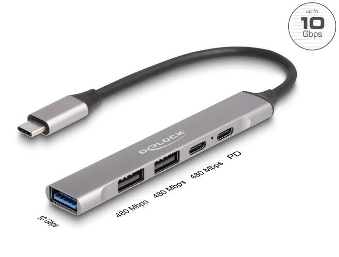 Delock 4 Port Slim USB Type-C™ Hub mit 1 x USB 10 Gbps Typ-A + 2 x USB 2.0 Typ-A + 1 x USB 2.0 USB Type-C™ und PD 95 W