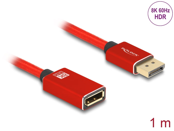 Delock DisplayPort Verlängerungskabel 8K 60 Hz 1 m rot Metall ohne Einrastfunktion