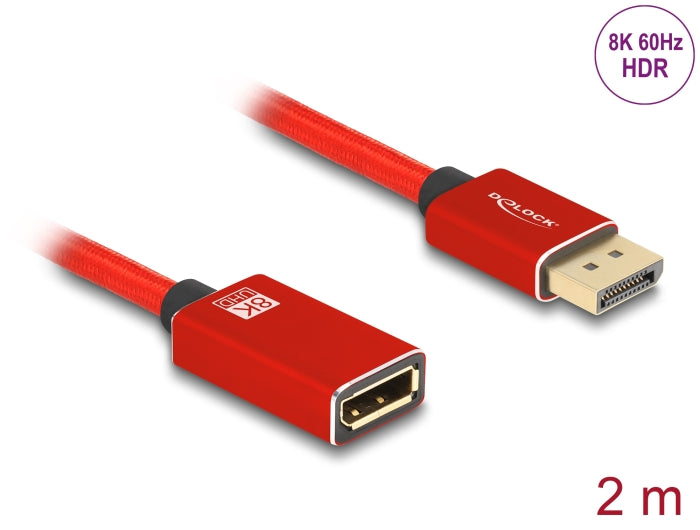 Delock DisplayPort Verlängerungskabel 8K 60 Hz 2 m rot Metall ohne Einrastfunktion