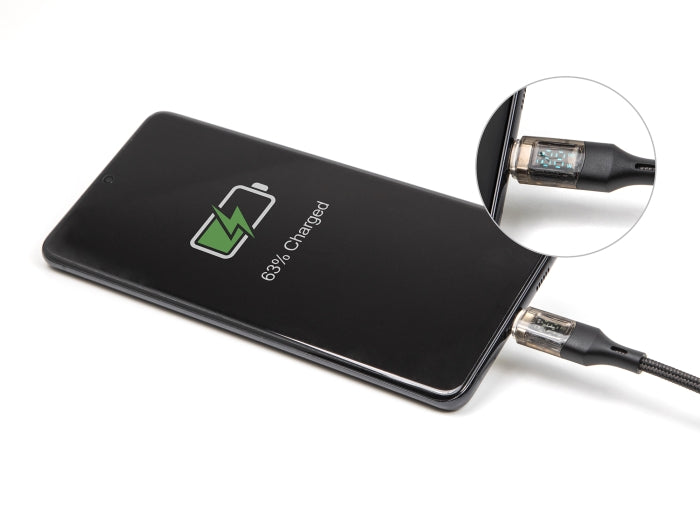 Delock USB 2.0 Daten- und Schnellladekabel USB Type-C™ Stecker zu Stecker PD 3.0 100 W mit Leistungsanzeige transparent 2 m