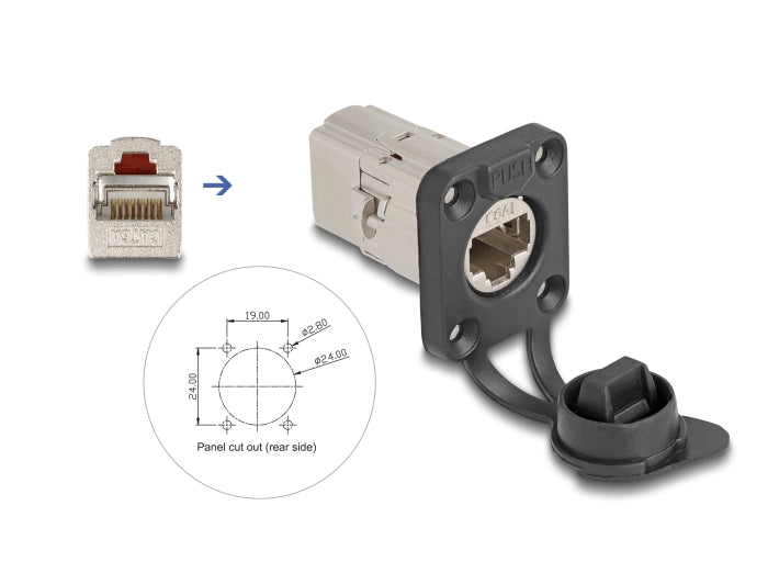 Delock D-Typ RJ45 Einbaubuchse / Kupplung Cat.6A STP mit Schutzkappe IP66 staub- und wasserdicht