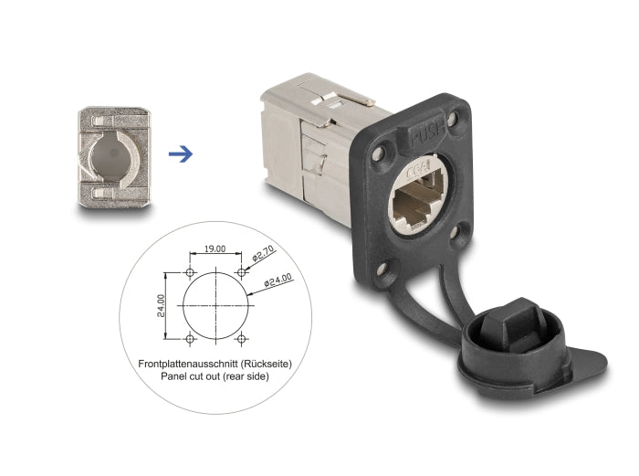 Delock D-Typ RJ45 Einbaubuchse mit LSA Anschluss Cat.6A STP mit Schutzkappe IP66 staub- und wasserdicht