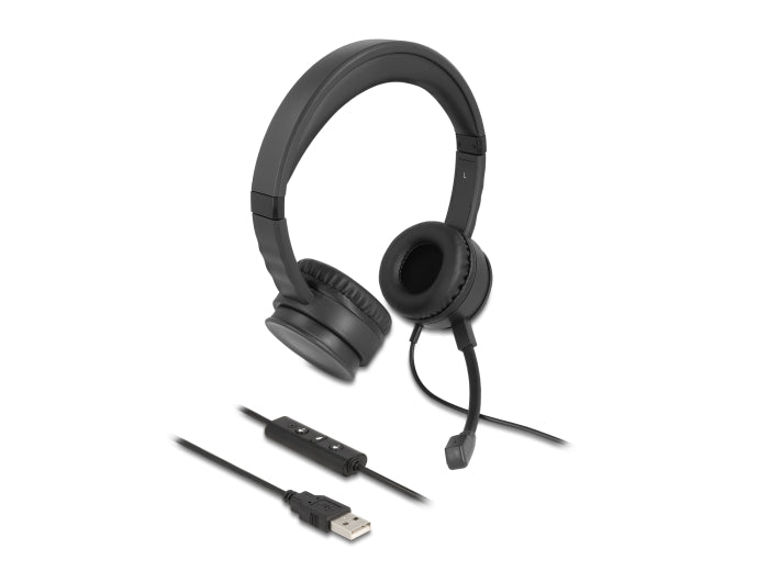Delock USB Stereo Headset mit Kabelfernbedienung und Quick-Mute Taste für PC und Notebook