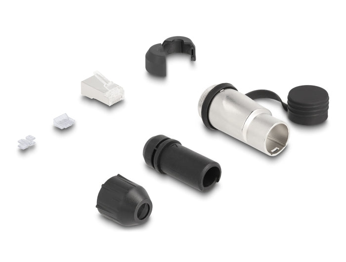 RJ45 Modularer Stecker Cat.6A zur Eigenmontage mit robusten Kabelsteckergehäuse und Schutzkappe passend für die Delock Durchführungskupplungen 67061 und 67062 IP66 staub- und wasserdicht