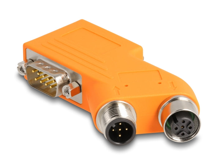 Delock D-Sub 9 Stecker und Buchse zu M12 Stecker und Buchse A-kodiert 5 pin CAN Bus Verteiler 35° orange