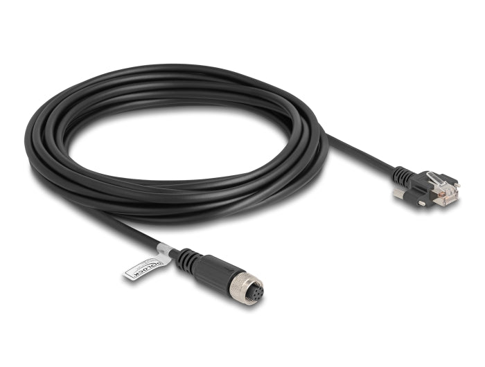 Delock M12 Kabel A-kodiert 8 Pin Buchse zu RJ45 Stecker mit Schrauben Cat.5e FTP 5 m schwarz