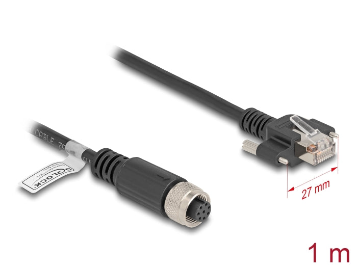 Delock M12 Kabel A-kodiert 8 Pin Buchse zu RJ45 Stecker mit Schrauben Cat.5e FTP 1 m schwarz