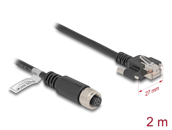 Delock M12 Kabel A-kodiert 8 Pin Buchse zu RJ45 Stecker mit Schrauben Cat.5e FTP 2 m schwarz