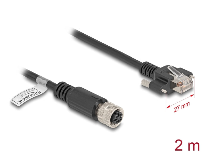 Delock M12 Kabel D-kodiert 4 Pin Buchse zu RJ45 Stecker mit Schrauben Cat.5e FTP 2 m schwarz
