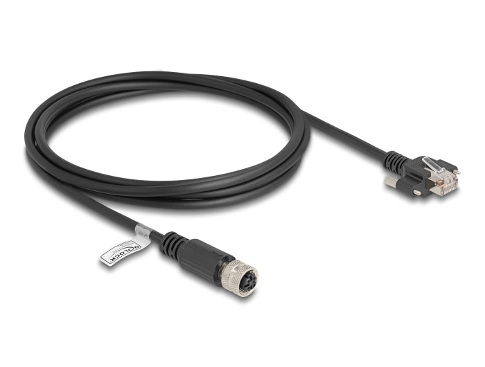 Delock M12 Kabel D-kodiert 4 Pin Buchse zu RJ45 Stecker mit Schrauben Cat.5e FTP 2 m schwarz