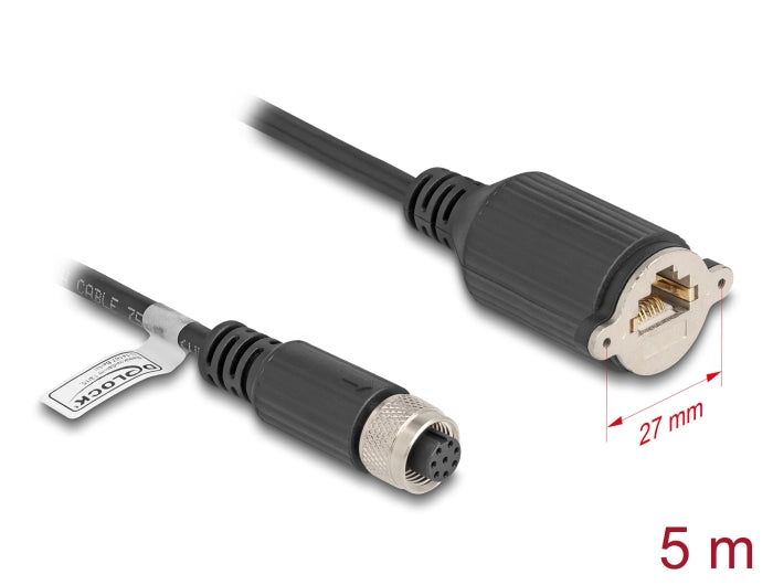 Delock M12 Kabel A-kodiert 8 Pin Buchse zu RJ45 Buchse zum Einbau Cat.5e FTP 5 m schwarz