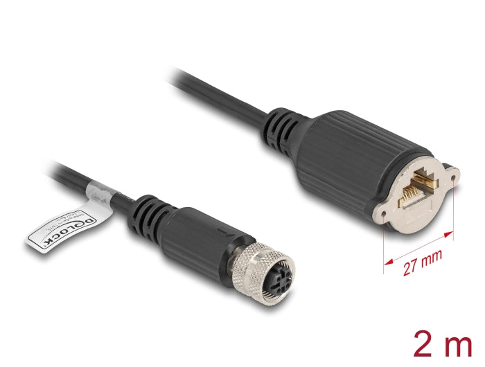 Delock M12 Kabel D-kodiert 4 Pin Buchse zu RJ45 Buchse zum Einbau Cat.5e FTP 2 m schwarz