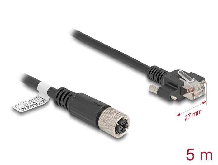 Delock M12 Kabel X-kodiert 8 Pin Buchse zu RJ45 Stecker mit Schrauben Cat.6A S/FTP 5 m schwarz
