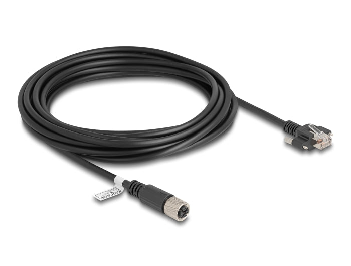 Delock M12 Kabel X-kodiert 8 Pin Buchse zu RJ45 Stecker mit Schrauben Cat.6A S/FTP 5 m schwarz