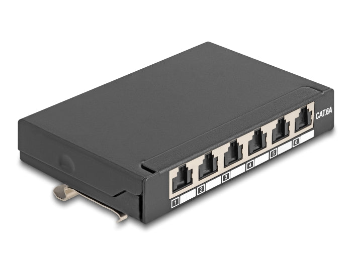Delock Mini Desktop Patchpanel RJ45 Buchse 6 Port Cat.6A geschirmt schwarz - zur Montage an Tisch, Wand oder Hutschiene