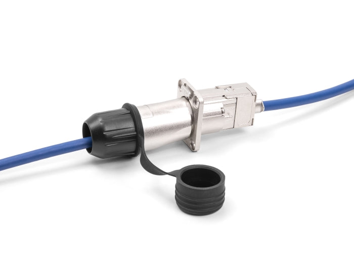 RJ45 Modularer Stecker Cat.6A zur Eigenmontage mit robusten Kabelsteckergehäuse und Schutzkappe passend für die Delock Durchführungskupplungen 67061 und 67062 IP66 staub- und wasserdicht
