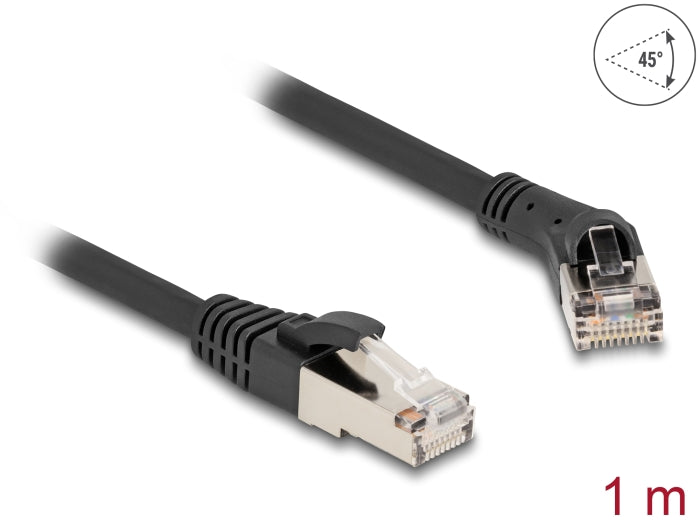 Delock RJ45 Netzwerkkabel Cat.8.1 S/FTP Stecker 45° nach rechts gewinkelt zu Stecker gerade bis 40 Gbps 1 m schwarz