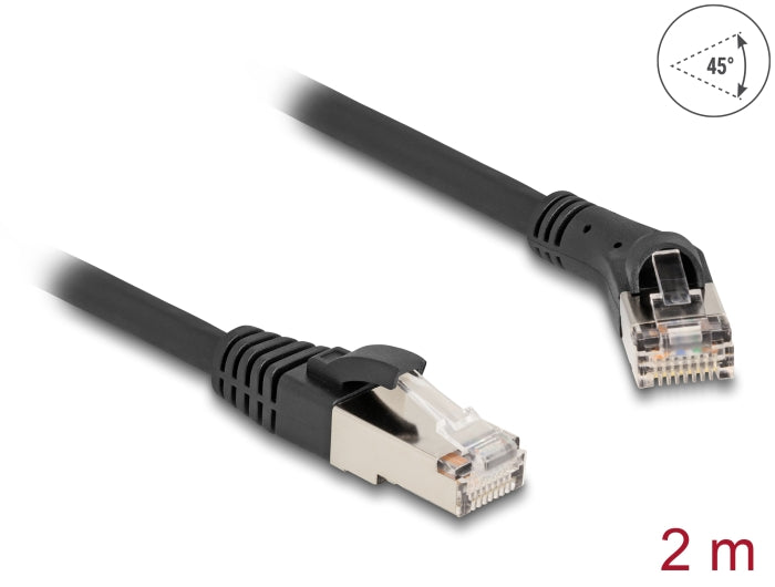 Delock RJ45 Netzwerkkabel Cat.8.1 S/FTP Stecker 45° nach rechts gewinkelt zu Stecker gerade bis 40 Gbps 2 m schwarz