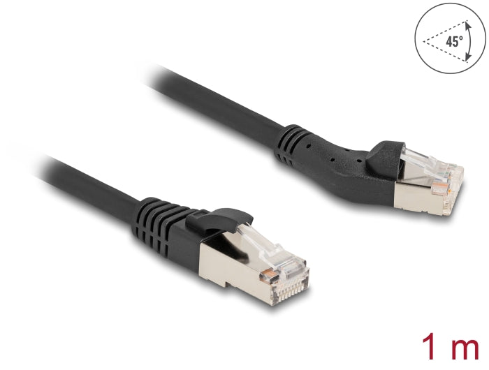 Delock RJ45 Netzwerkkabel Cat.8.1 S/FTP Stecker 45° nach links gewinkelt zu Stecker gerade bis 40 Gbps 1 m schwarz