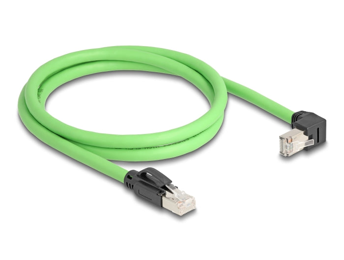 Delock RJ45 Netzwerkkabel Cat.6A Stecker zu Stecker unten gewinkelt SF/UTP schleppkettentauglich PUR (TPU) 1 m grün