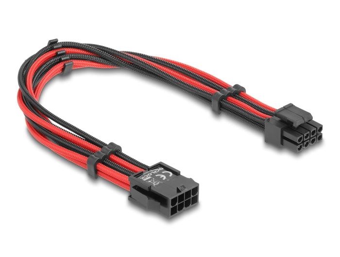 Delock Verlängerungskabel 8 Pin EPS Stecker zu 4 + 4 Pin EPS Buchse Textilummantelung rot-schwarz 30 cm