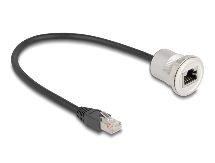 Delock RJ45 Einbaubuchse mit Kabelpeitsche Stecker Cat.5e STP 30 cm Aluminium