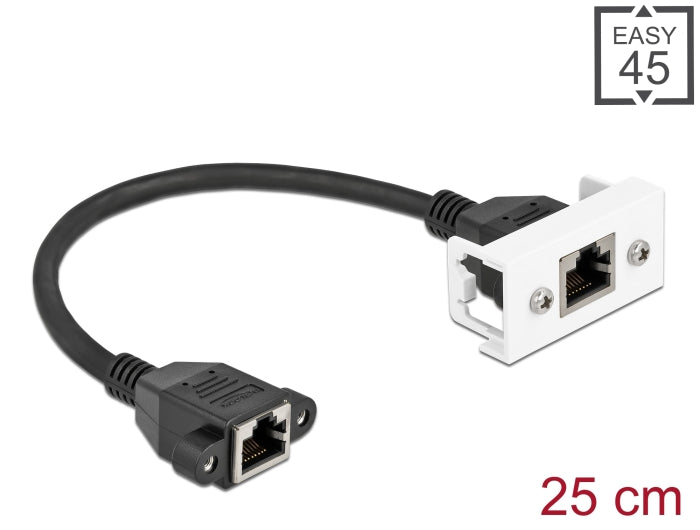 Delock Netzwerk Verlängerungskabel für Easy 45 Modul S/FTP RJ45 Buchse zu RJ45 Buchse Cat.6A 25 cm schwarz / weiß