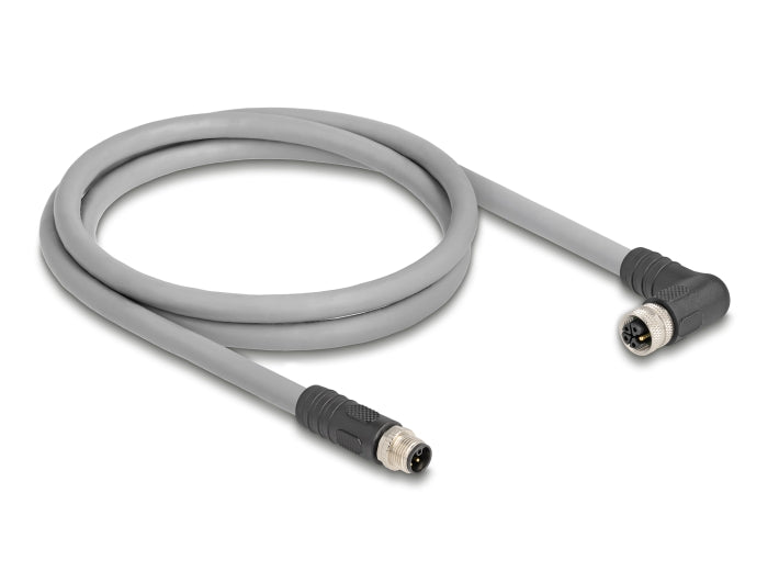 Delock M12 Kabel L-kodiert 5 Pin Stecker gerade zu Buchse rechts gewinkelt PUR schleppkettentauglich 1 m grau