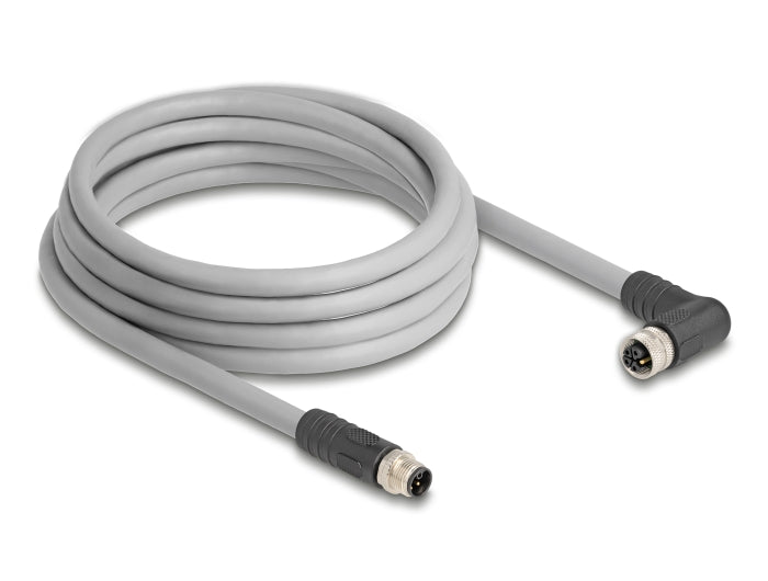 Delock M12 Kabel L-kodiert 5 Pin Stecker gerade zu Buchse rechts gewinkelt PUR schleppkettentauglich 3 m grau