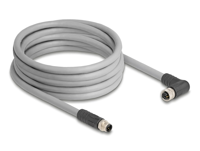 Delock M12 Kabel L-kodiert 5 Pin Stecker gerade zu Buchse rechts gewinkelt PUR schleppkettentauglich 5 m grau