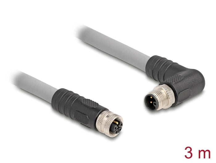 Delock M12 Kabel L-kodiert 5 Pin Stecker rechts gewinkelt zu Buchse gerade PUR schleppkettentauglich 3 m grau