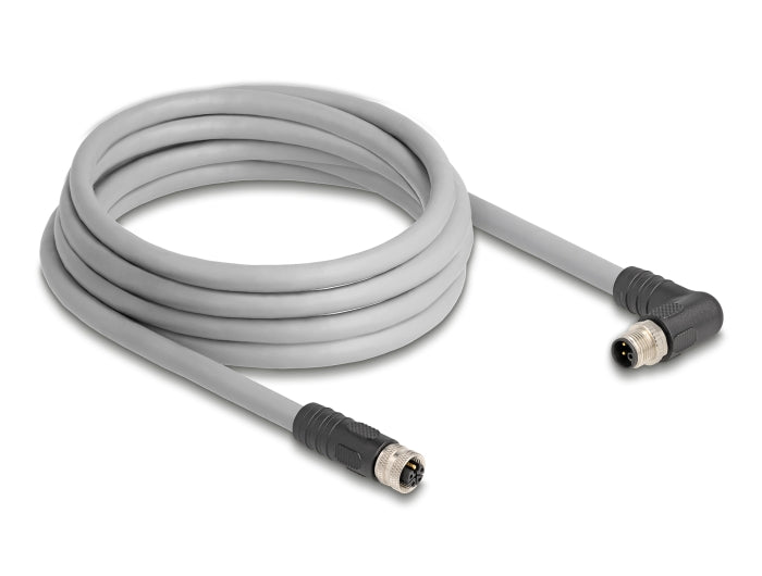 Delock M12 Kabel L-kodiert 5 Pin Stecker rechts gewinkelt zu Buchse gerade PUR schleppkettentauglich 3 m grau