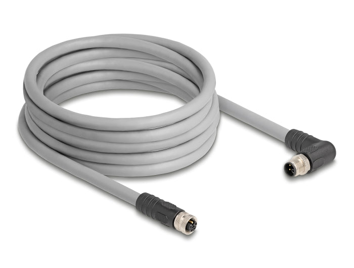 Delock M12 Kabel L-kodiert 5 Pin Stecker rechts gewinkelt zu Buchse gerade PUR schleppkettentauglich 5 m grau