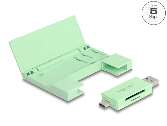 Delock Card Reader USB 5 Gbps USB Type-C™ / Typ-A für SD und Micro SD Speicherkarten mit praktischem Speicherkarten Etui - mint