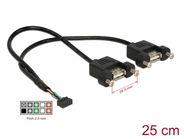 Delock Kabel USB 2.0 Pfostenbuchse 2,00 mm 10 Pin > 2 x USB 2.0 Typ-A Buchse zum Einbau 25 cm