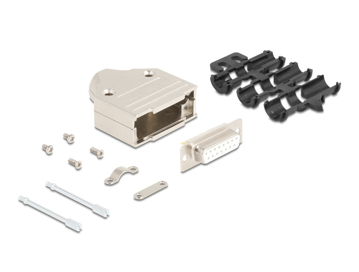 Delock Sub-D Steckergehäuse 15 Pin aus Metall inklusive Steckerverbinder Buchse und Montagematerial