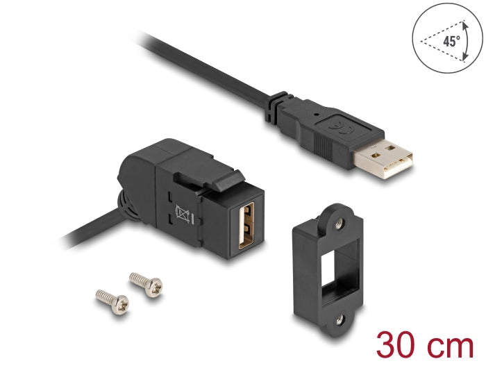 Delock Keystone Modul USB 2.0 Typ-A Einbaubuchse 45° gewinkelt zu Typ-A Stecker mit 30 cm Kabel schwarz