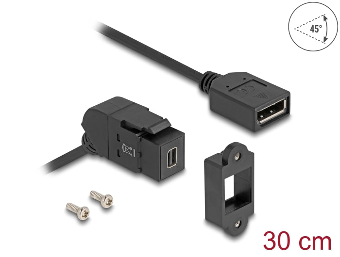 Delock Keystone Modul Mini DisplayPort Einbaubuchse zu DisplayPort Buchse 45° gewinkelt mit 30 cm Kabel 8K 30 Hz schwarz