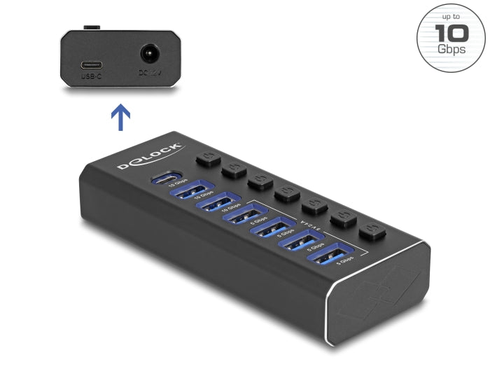 Delock 7 Port USB Hub mit 3 Ports 10 Gbps und 4 Schnellladeports 5 Gbps mit Schalter und Beleuchtung
