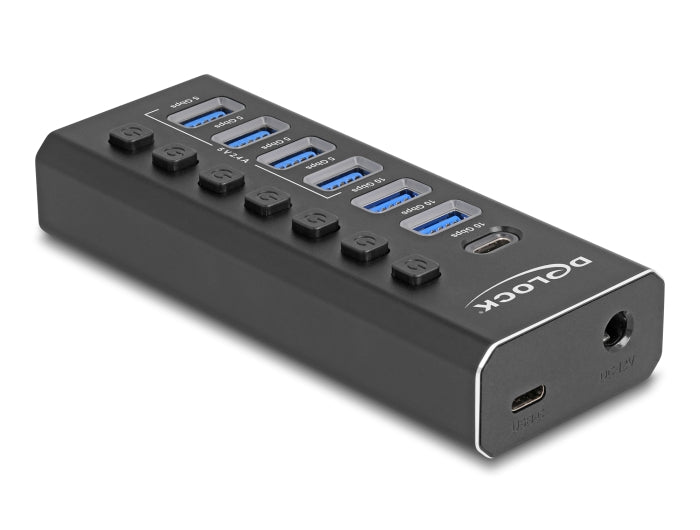 Delock 7 Port USB Hub mit 3 Ports 10 Gbps und 4 Schnellladeports 5 Gbps mit Schalter und Beleuchtung