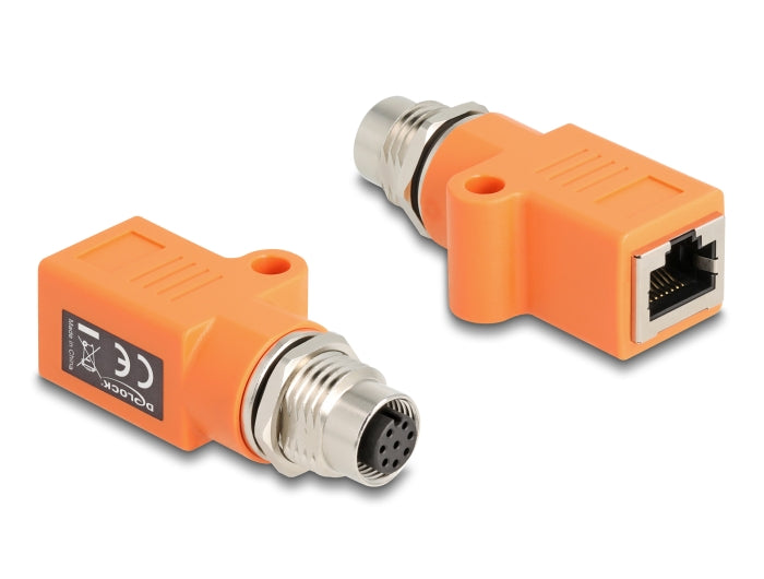 Delock M12 Adapter A-kodiert 8 Pin Buchse zu RJ45 Buchse Cat.5e mit Befestigungsloch gerade orange