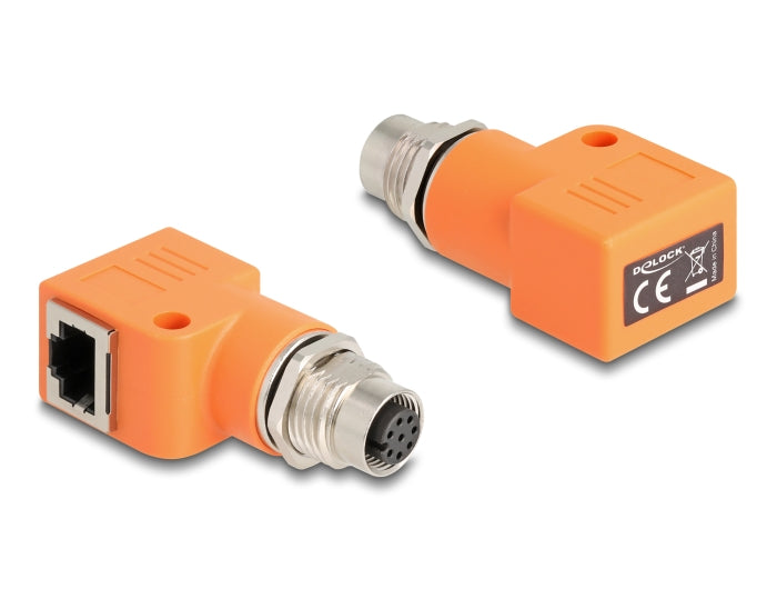 Delock M12 Adapter A-kodiert 8 Pin Buchse zu RJ45 Buchse Cat.5e mit Befestigungsloch 90° gewinkelt orange