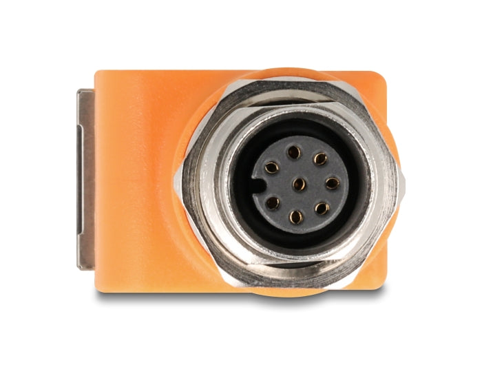 Delock M12 Adapter A-kodiert 8 Pin Buchse zu RJ45 Buchse Cat.5e mit Befestigungsloch 90° gewinkelt orange