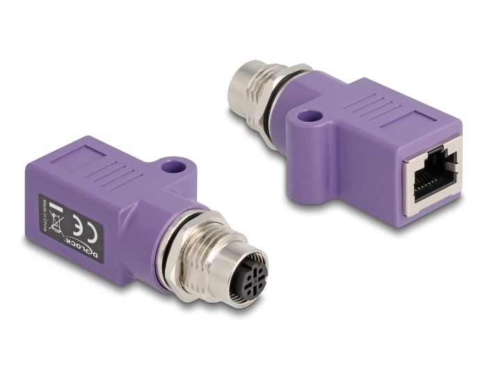Delock M12 Adapter D-kodiert 4 Pin Buchse zu RJ45 Buchse Cat.5e mit Befestigungsloch gerade violett