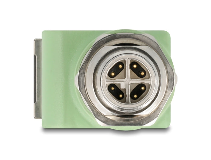 Delock M12 Adapter X-kodiert 8 Pin Stecker zu RJ45 Buchse Cat.5e mit Befestigungsloch 90° gewinkelt grün